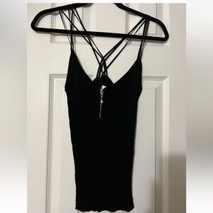 Carducci Black Size M Stappy Ribbed Cami Top Front Zipper Rhinestone Accent